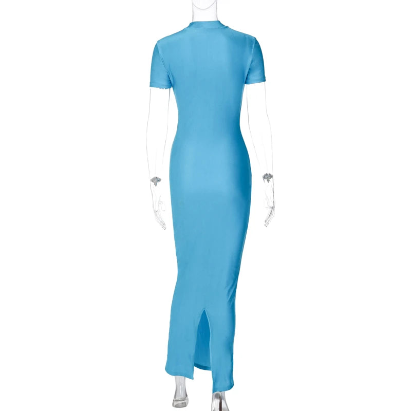 Hugcitar Pure Color O Neck Short Sleeve Slit Sexy Bodycon Slim Maxi Prom Dress 2024 Summer Women Elegant Party Festival Clothes