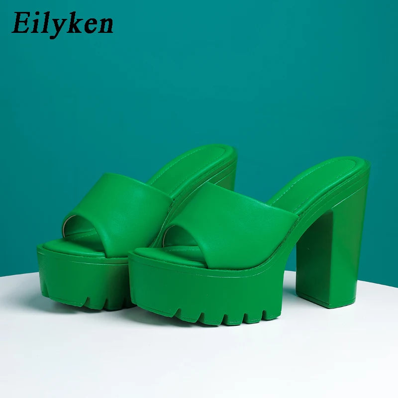 Eilyken Sommer-Fashion Damen Pantoletten Bankett Nachtclub Plateau Chunky High Heels Mules Slides Grüne Weiße Sandalen