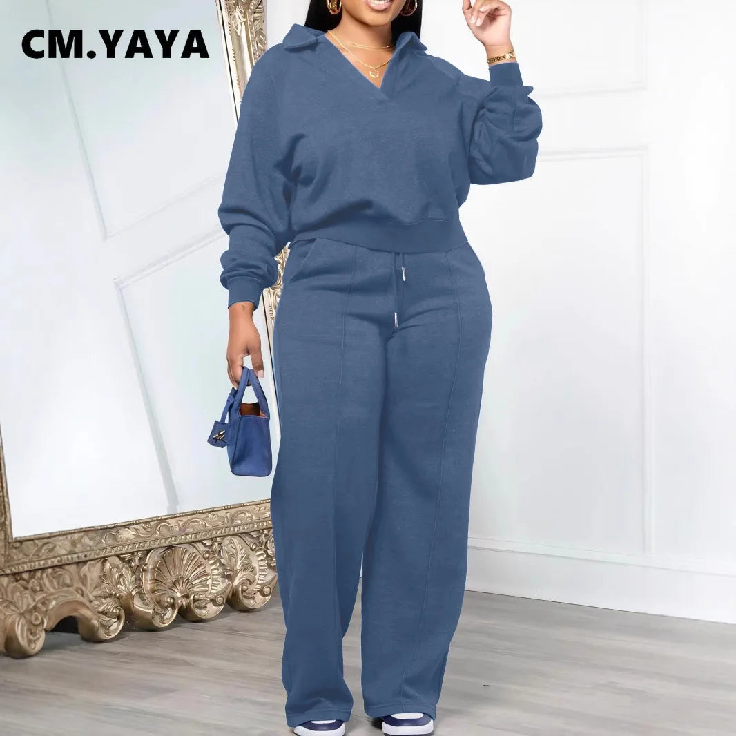 CM.YAYA Fashion Striped Women's Set V-neck Long Sleeve Sweatshirt and SweatPants Tracksuit 2025 Winter Two 2 Piece Set Outfit