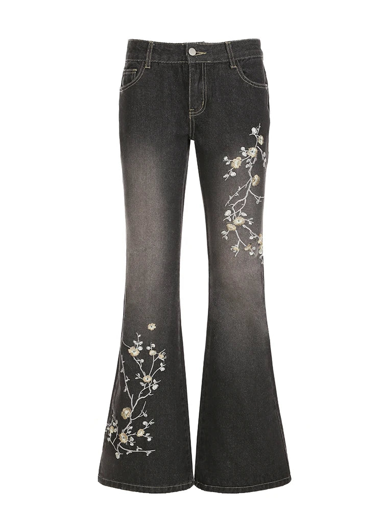 Weekeep Floral Embroidery Jeans Vintage 2000s Low Rise Flared Jeans Women Retro y2k Baggy Denim Pants High Street Basic Trousers
