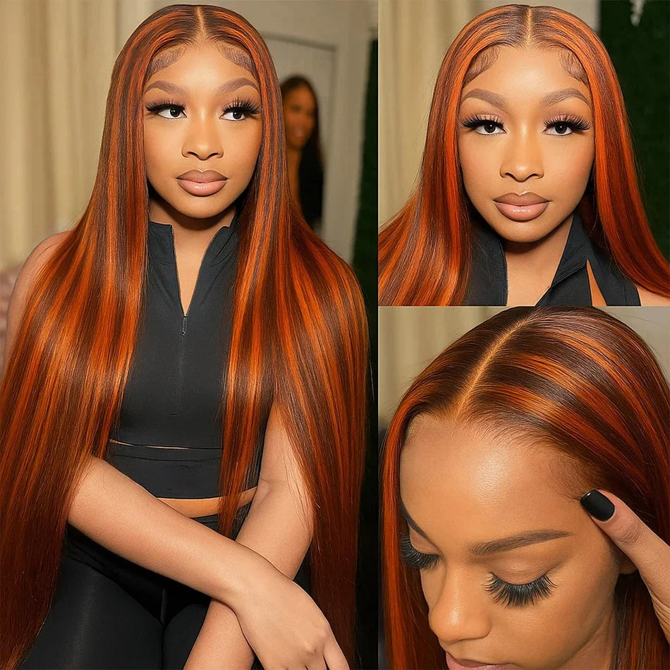 250% 4/350 Highlight Ombre Bone Straight 13x6 Lace Front 100% Human Hair Wigs Ginger Orange Brown Colored 13x4 Lace Frontal Wig
