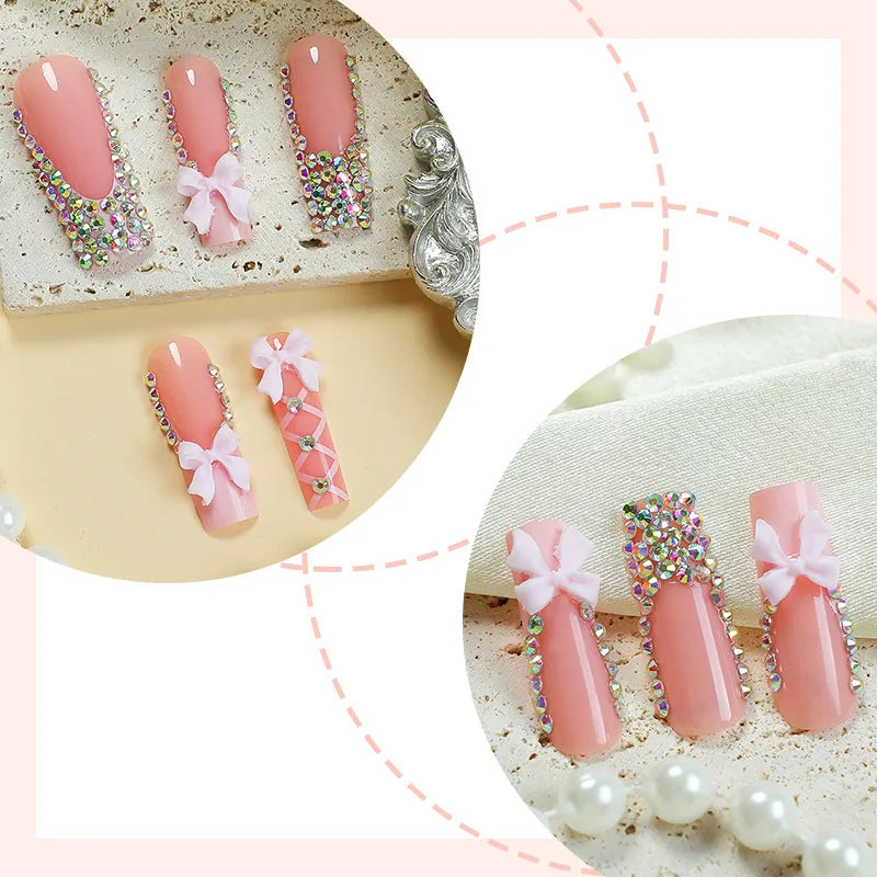 24 Stk. lange Ballett French Press-on-Nägel mit niedlicher rosa Schleife, glänzendem Diamant-Dekor, falsche Nagelspitzen, tragbare süße koreanische künstliche Nägel