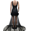 Neues schwarzes Mesh durchsichtiges Blumen-Rüschen-Luxus-Strass-Hochzeitsabend-Meerjungfrauen-langes Kleid Damen Träger Cocktail Geburtstagskleid