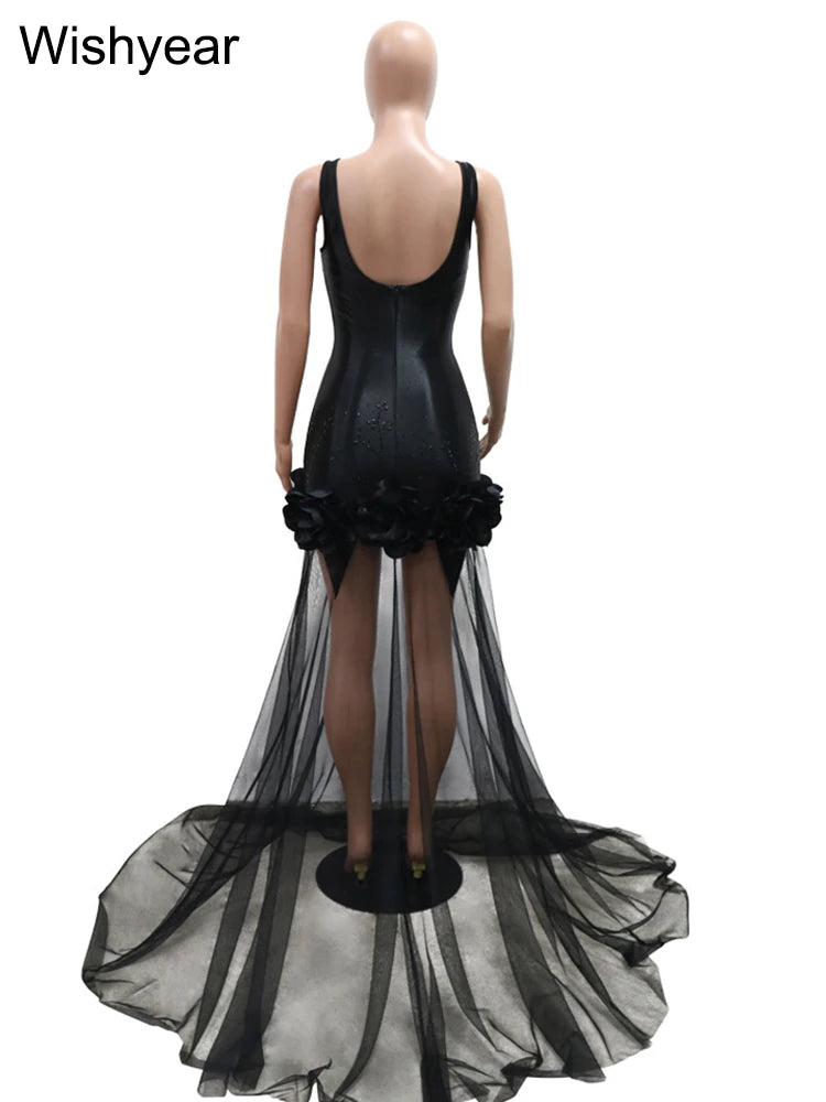 Neues schwarzes Mesh durchsichtiges Blumen-Rüschen-Luxus-Strass-Hochzeitsabend-Meerjungfrauen-langes Kleid Damen Träger Cocktail Geburtstagskleid
