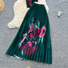 Two Pieces Women Dress Sets Solid Matching Sets V Neck Printing Top High Waist Pleat Dress Loose Fit Casual 2025 Autumn Winter
