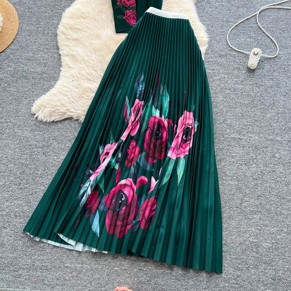 Two Pieces Women Dress Sets Solid Matching Sets V Neck Printing Top High Waist Pleat Dress Loose Fit Casual 2025 Autumn Winter