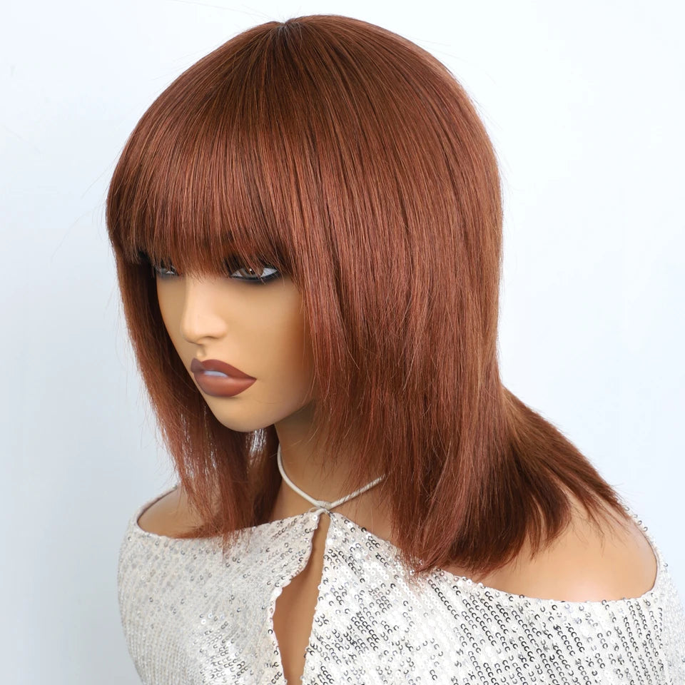 Lekker 12" Short Brown Wolf Cut Straight Bob Human Hair Wigs With Bangs For Women Brazilian Remy Hair Ready to Wear Glueless Wig