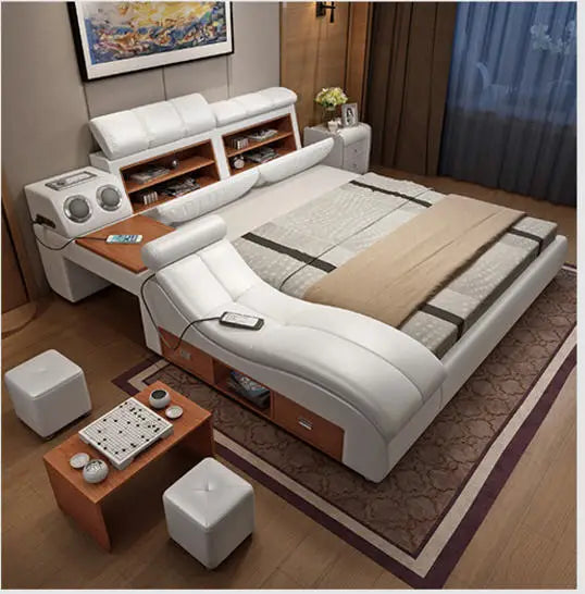 MANBAS Tech Smart Multifunctional Bed Frame with Genuine Leather, Bluetooth Speaker, and Massager Ultimate Soft Lit Tatami Camas