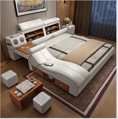 MANBAS Tech Intelligentes multifunktionales Bettgestell mit Echtleder, Bluetooth-Lautsprecher und Massagefunktion Ultimative weiche, beleuchtete Tatami-Camas
