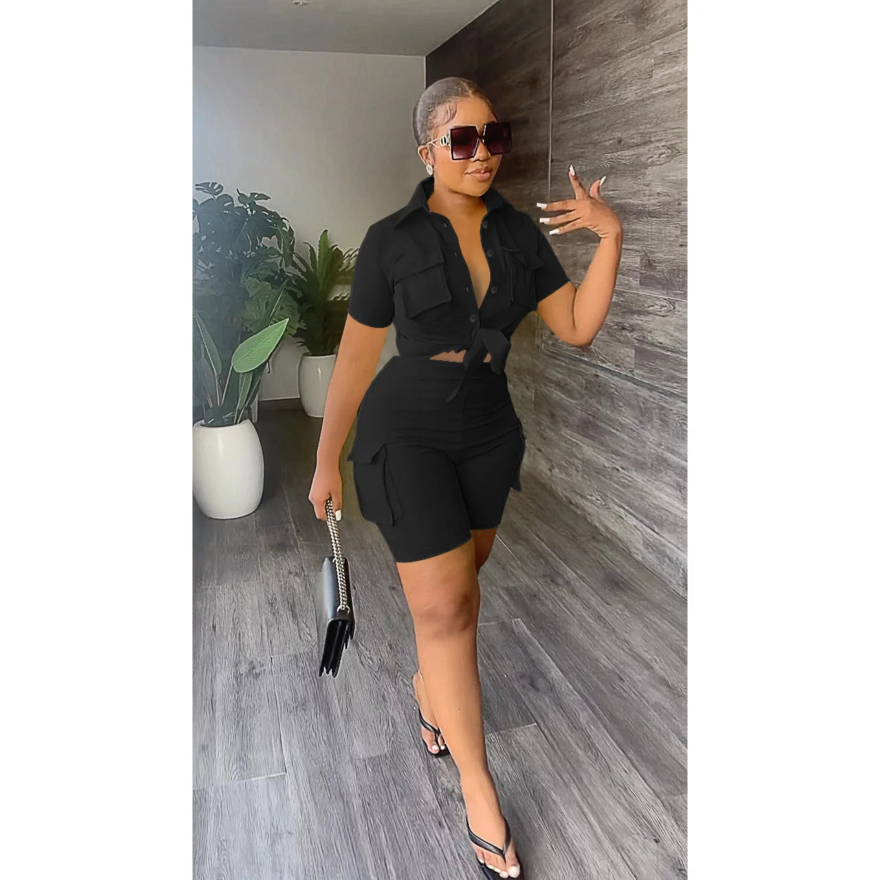 Women Two Piece Shorts Set Outifit Summer Fashion Solid Turn-Down Collar Short Sleeve Shirts Top & Casual Pocket Streetwear Sets