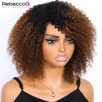 Ombre Braun Kurze Afro Krauser Lockiger Bob Perücken Für Frauen Brasilianisches Echthaar Perücken Highlight Echthaar Perücke Mit Pony 180% Dichte