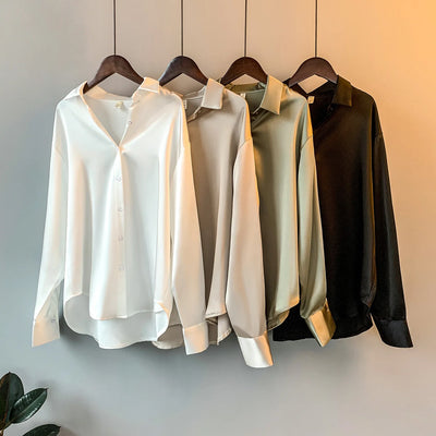 1pcs Woman Spring Autumn Satin Shirt Lady Long Sleeve Lapel Blouses Cardigans Elegance Sweet Casual Coats Girl Sunscreen Top