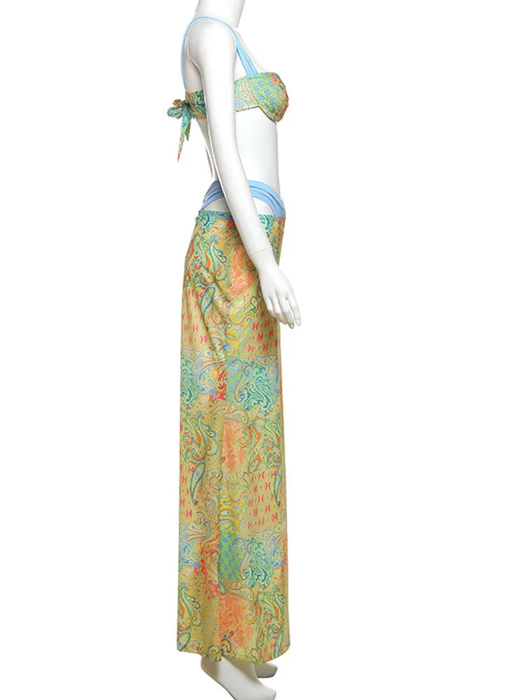 Beyprern Tropical Goddess Floralrock-Set, zweiteiliges Kleid, Urlaubsoutfits, bedrucktes BH-Crop-Top und passendes Set für Damen im Sommer
