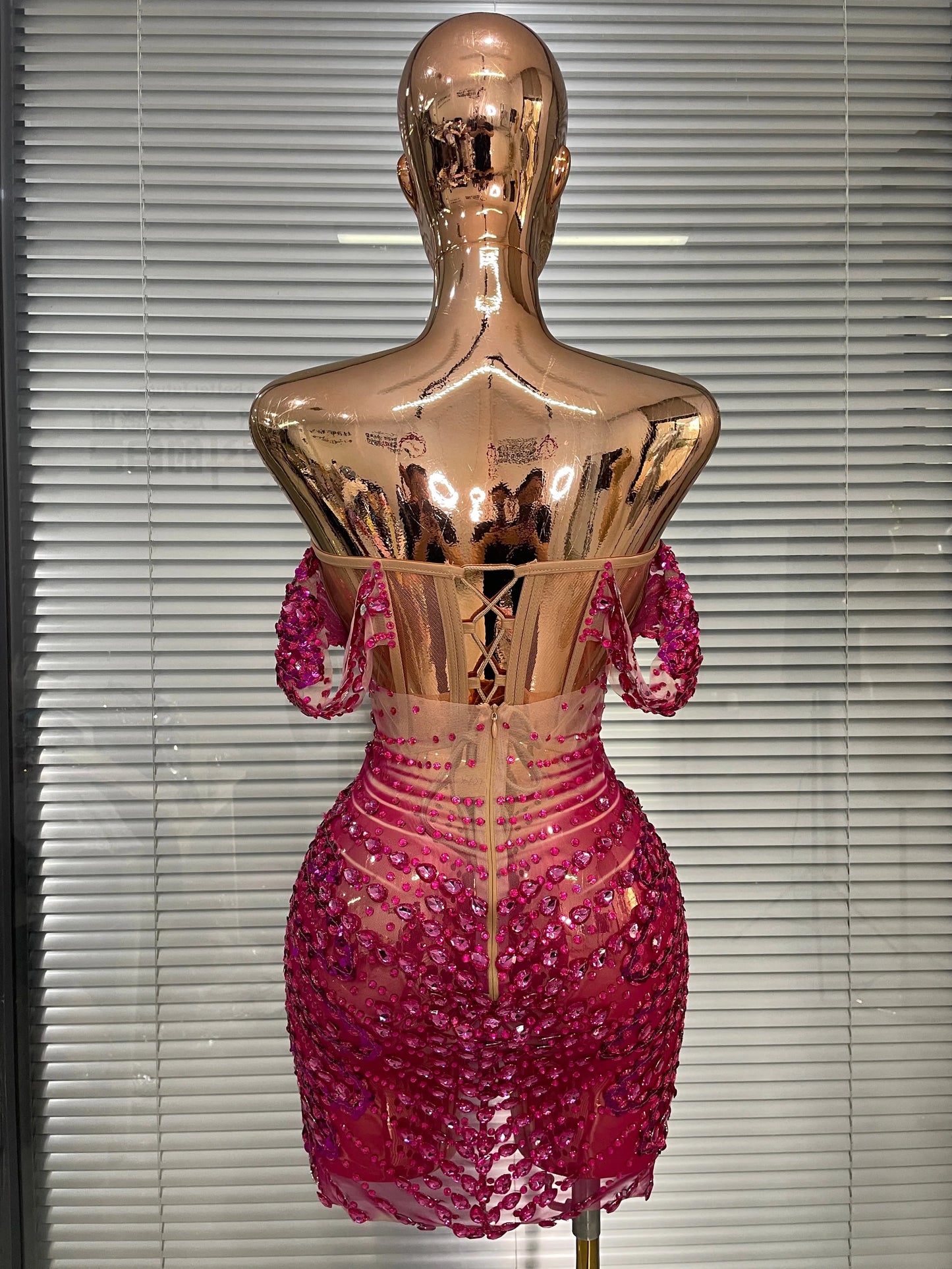 Show Dress Costumes Women Rose Sequins Rhinestones Breast Cups Mesh Bodycon Mini Evening Club Party Birthday Dress Shoot