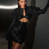 New Sexy Gloves Long Sleeves Cutout Pleated Draped Mini Dress Women Red/White Lace Floral Bodycon Dresses Party Cocktail Club