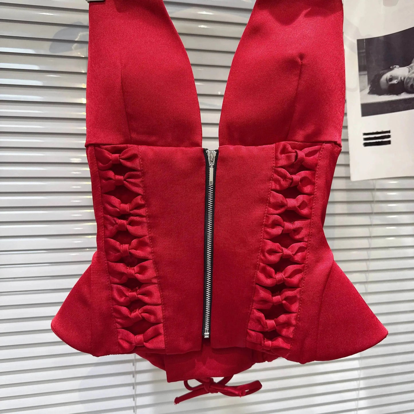 DEAT 2026 Summer New Sexy Hot Girl V-neck Backless Bandage Bowknot Fishbone Halter Top Red Mini Skirt For Women 11B1198