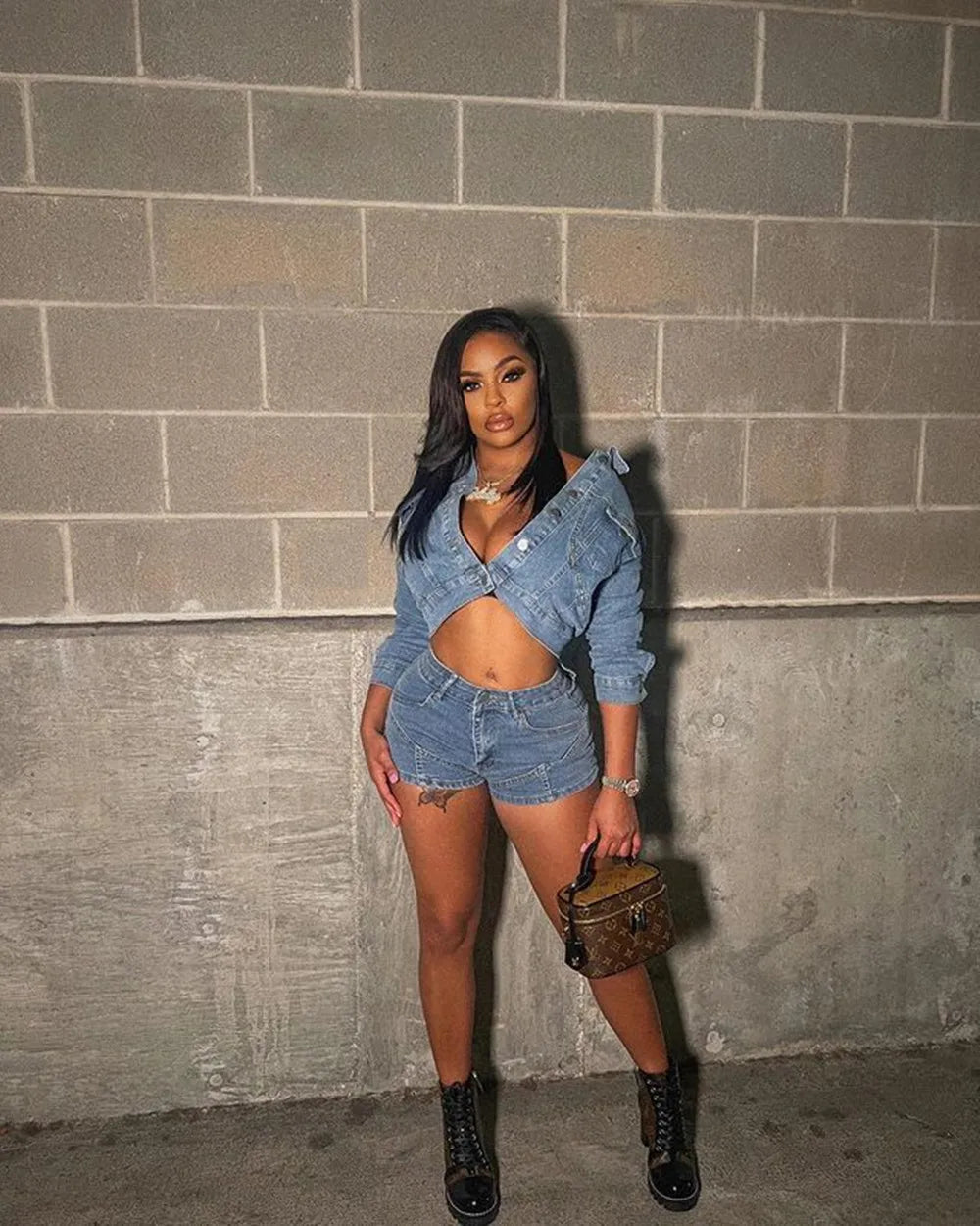 Autumn Outfits for Women 2024 Denim Jacket Shorts Two Piece Sets Streetwear Diamonds Distressed Short Pants Buttons Coat Suit