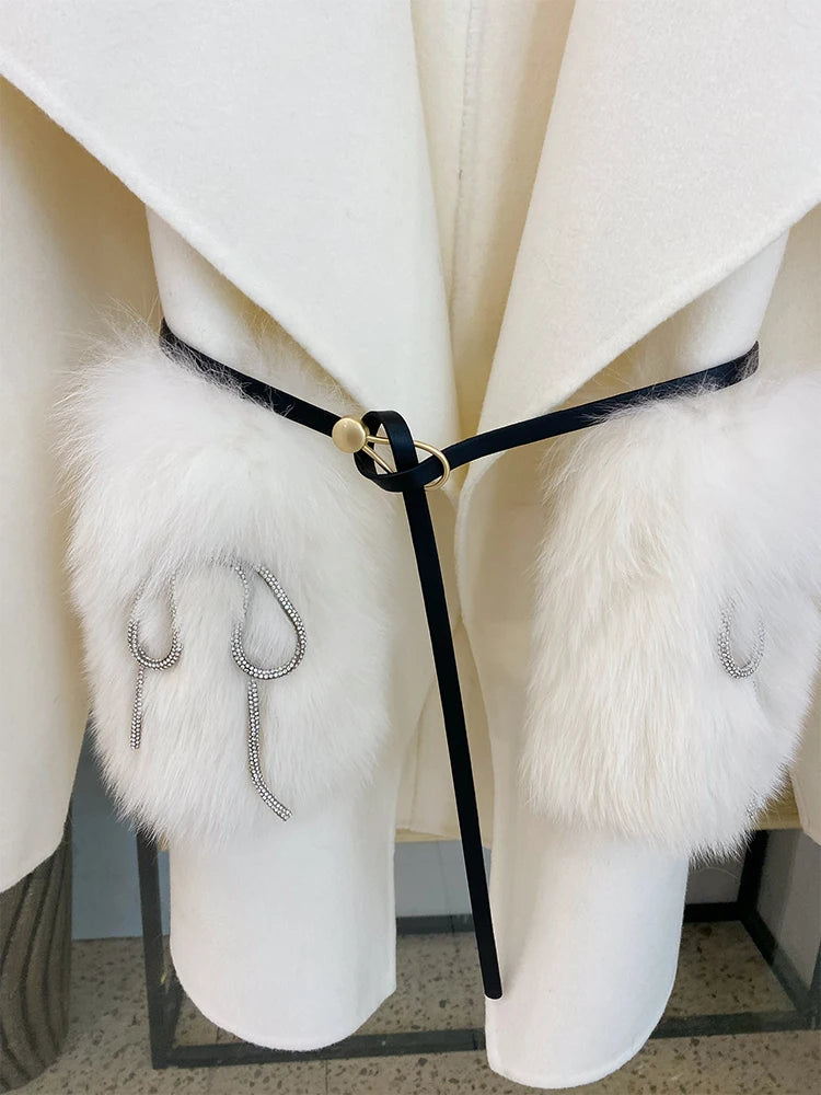 2024 New Winter Real Natural Fox Fur Pocket Coat Ladies Outwear Female Coat Cashmere Wool Woolen Women Luxury Jacket