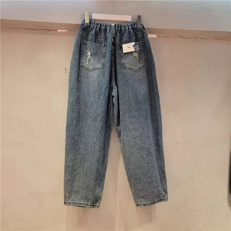 Fashion Rhinestone Washed Ripped Graphic Jeans Street Style Women's Denim Pants High Waisted Beaded Sequin Straight-Leg Jean
