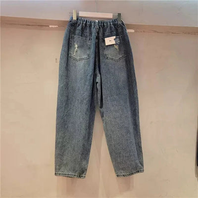Fashion Rhinestone Washed Ripped Graphic Jeans Street Style Women's Denim Pants High Waisted Beaded Sequin Straight-Leg Jean