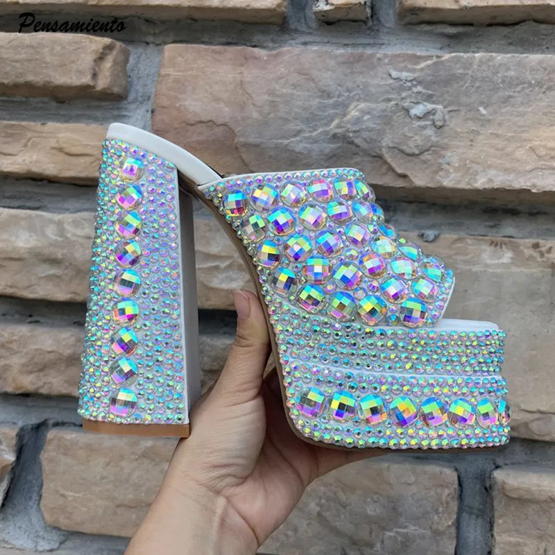 Luxuriöse handgefertigte Plateau-Keilsandalen mit Vollstrassteinen für Damen, modische Sommer-High-Heels, Pantoletten, klobige Schuhe