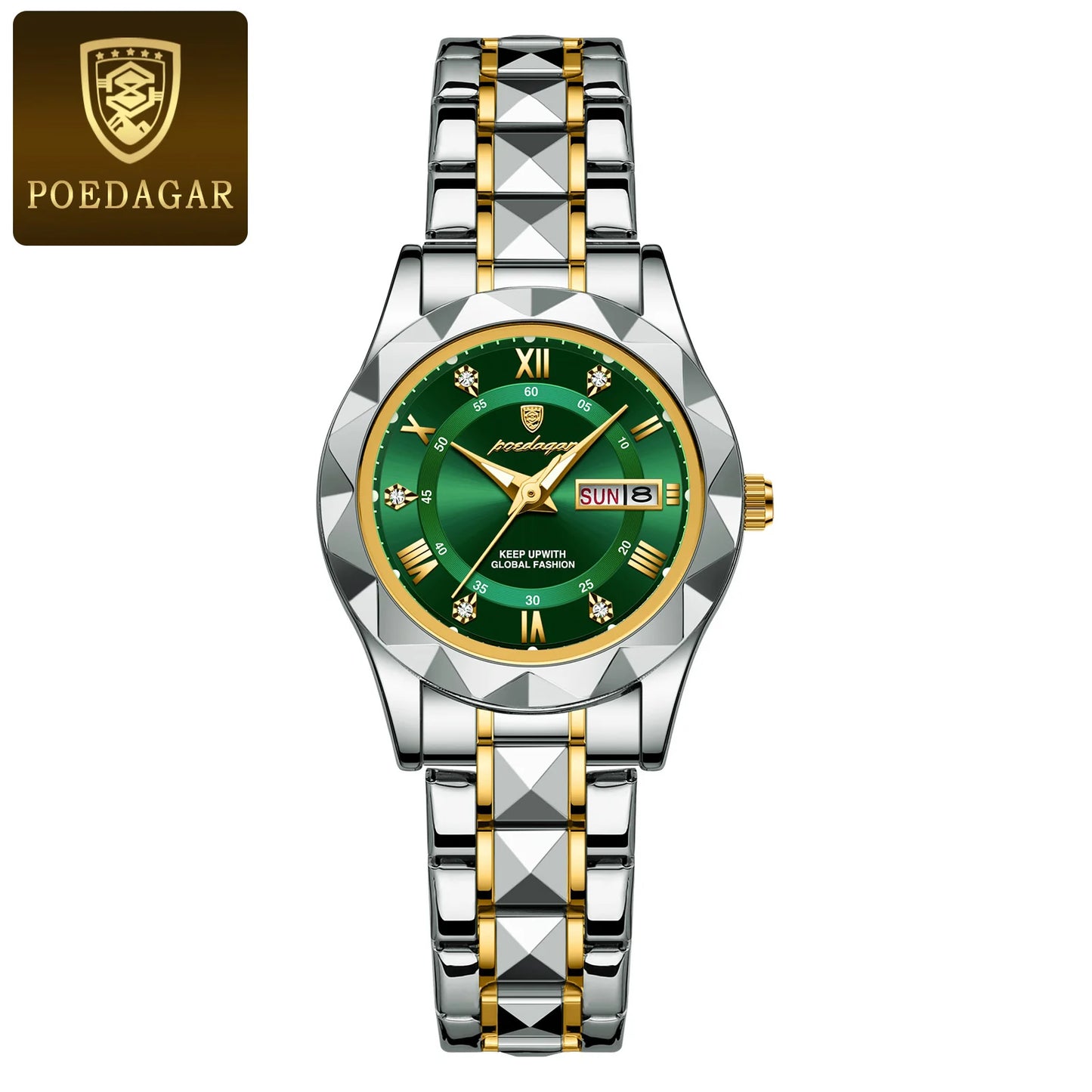POEDAGAR Luxuriöse Damen-Kleideruhr, leuchtend, wasserdicht, Wochen- und Datumsanzeige, Damenarmbanduhr, Edelstahl-Damenquarzuhr reloj+box