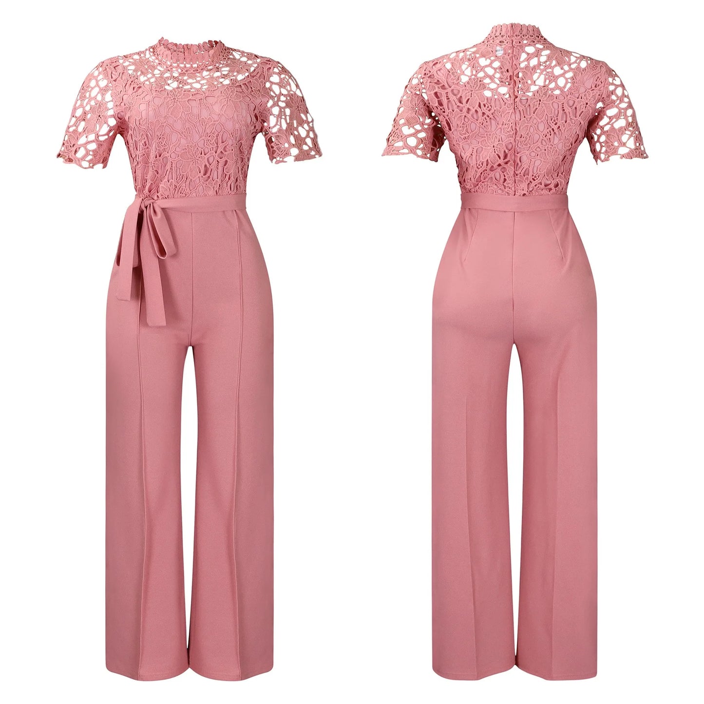 Elegante Jumpsuits & Rompers für Damen Rundhals Spitze Patchwork Kurzarm Gürtel Hohe Taille Luxus Geburtstagsparty Abend Outfit