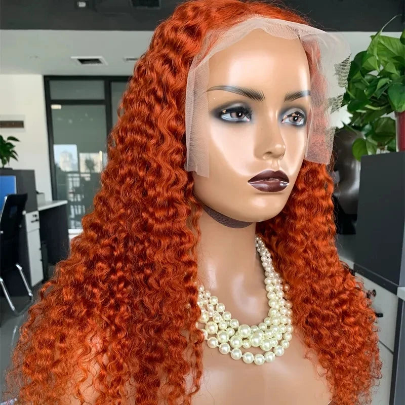 Swupod 13x4 13x6 220% Density Transparent HD Lace Front Wig for Women Deep Wave Remy Human Hair Ginger Orange 350# Loose Curly