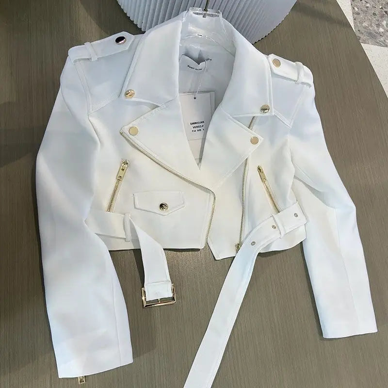 Korean version of the long-sleeved motorcycle jacket jacket women's spring and autumn new fashion temperament Joker suit collar