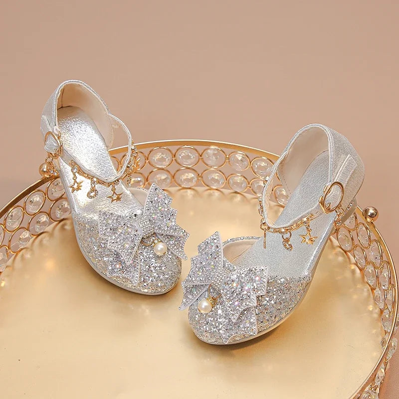 Girls Leather Shoes High Heeled for Wedding Party Glitter Rhinestone with Bow-knot Kids Dress High Heels Pendant Bling Sparkling