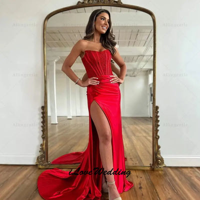 Strapless A-line Red Prom Dresses Saudi Arabia Floor length High Slit Sexy Mermaid Evening Formal Dresses for Women Customized