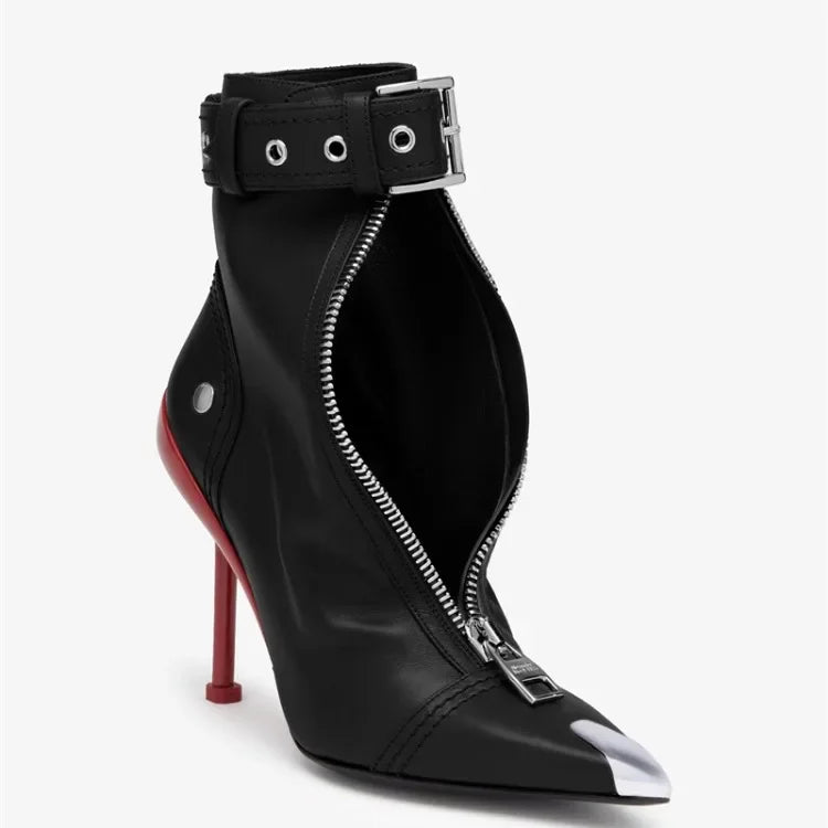 Gürtelschnalle Reißverschluss vorne Modenschau Stiefeletten Damen Herbst Winter Neu Spitz Metallverzierung Rote High Heels Ankle Boots