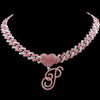 Hip Hop Bling Pink Crystal Cursive Initial Letter Cuban Necklace for Women Iced Out Paved Cuban Chain Necklace Choker Jewelry