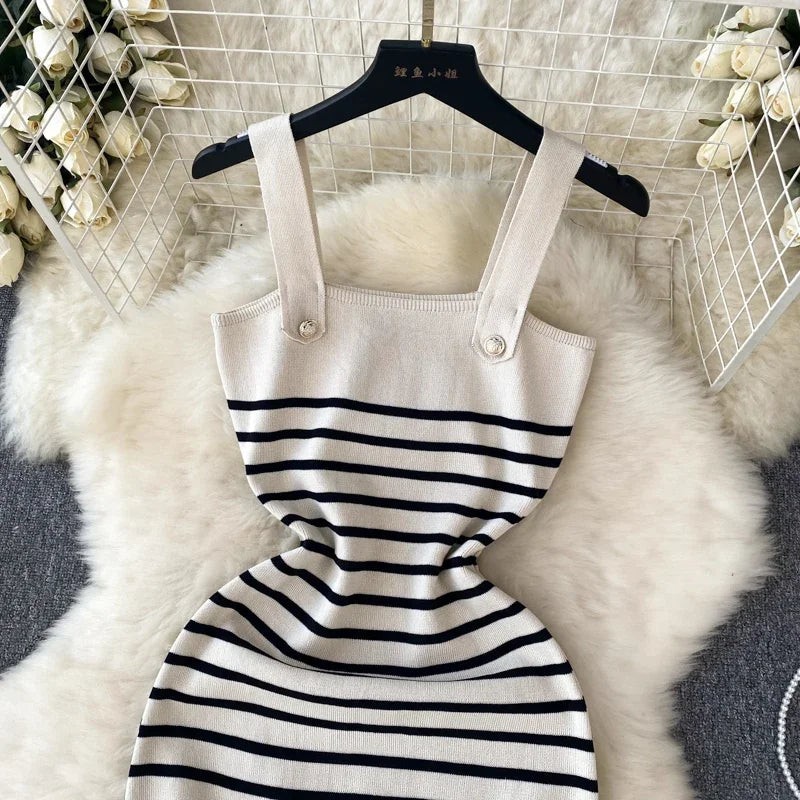 Striple 2024 Sexy Summer Knit Strap Dress Women Tank Elatic Waist Bodycon Sundress Female Beach  Backless Midi Dress