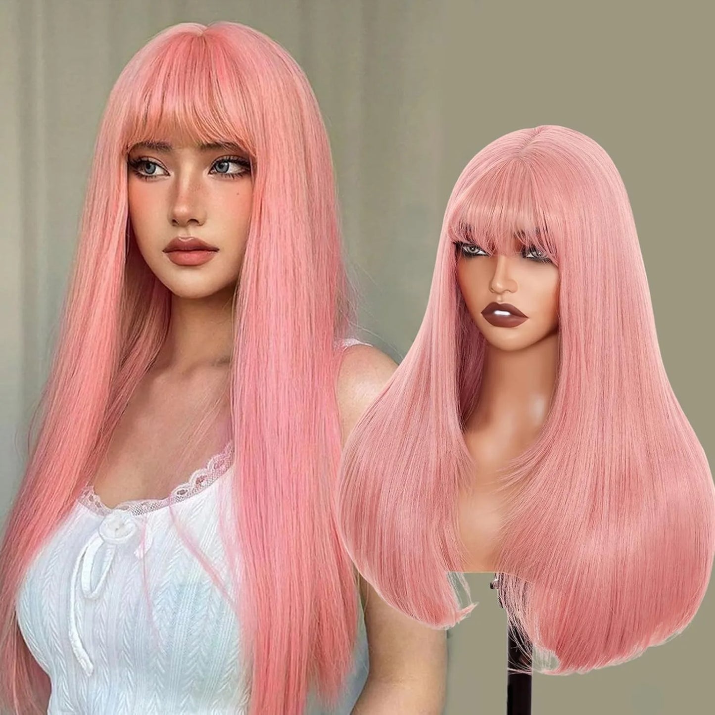 Light Brown Short Bob Layered Lace Front Wig With Bangs Straight Lace Frontal Wig 13x4 Glueless Synthetic Heat Resistant Cosplay