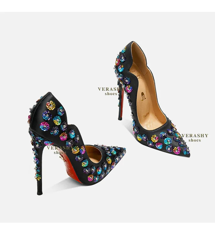 2025 Spring New High Heels Women's Embroidered Beaded Black Sexy Queen's Heel 10-12cm Pointed