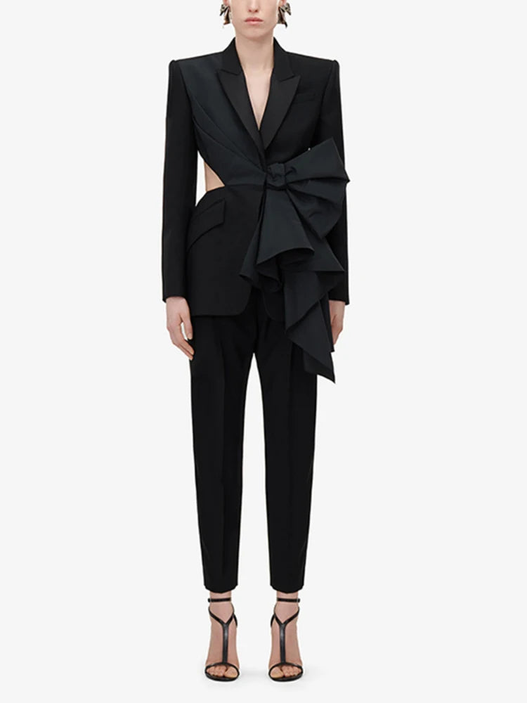 TWOTWINSTYLE Solid Spliced Bowknot Hollow Out Blazer For Women Notched Collar Long Sleeve Tunic Temperament Blazers Female New