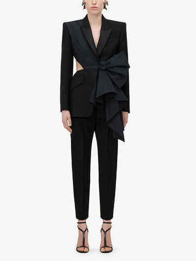 TWOTWINSTYLE Solid Spliced Bowknot Hollow Out Blazer For Women Notched Collar Long Sleeve Tunic Temperament Blazers Female New