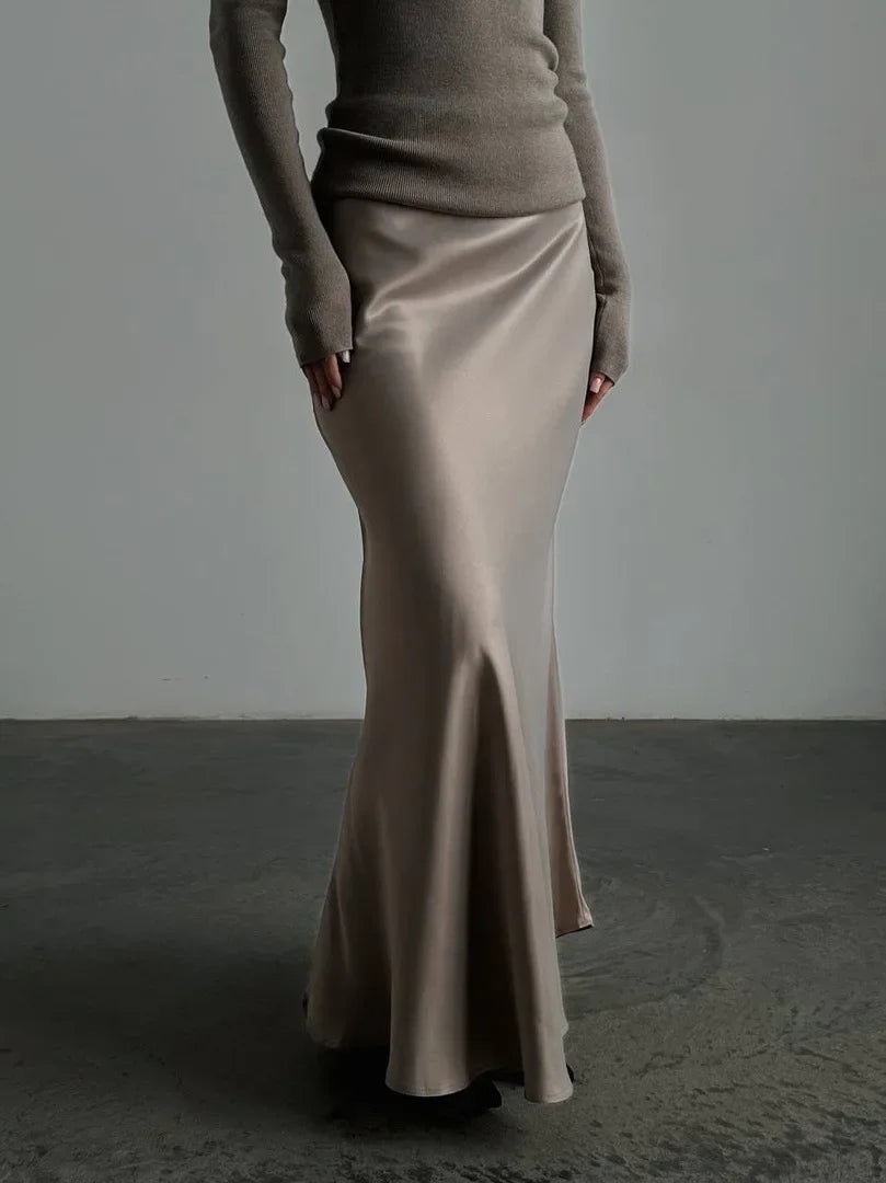 Wolfeel Freizeit Satin Damenrock Frühling Sommer Mode Locker Hoher Bund Maxi Röcke Elegant Einfacher Satin-Fischschwanzrock