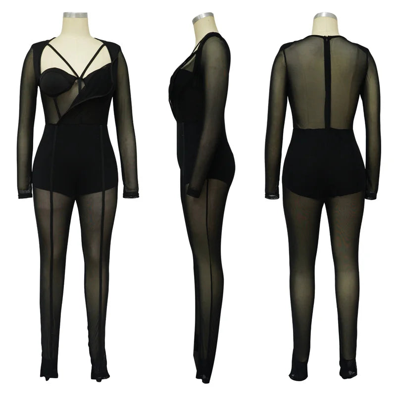Sexy Mesh Patchwork Transparenter Club-Bodycon-Jumpsuit für Damen, durchsichtiger Einteiler-Overall, Clubwear, Party-, Geburtstagsoutfits