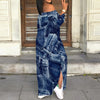Denim Retro Print Long Sleeve Slim Fit Elegant Casual Slit One-Shoulder Neck Dress
