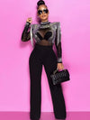 Women Jumpsuit Solid High Collar Hot Drill Mesh Shoulder Cotton Long Sleeves Long Straight Jumpsuit Sexy Party Outfits