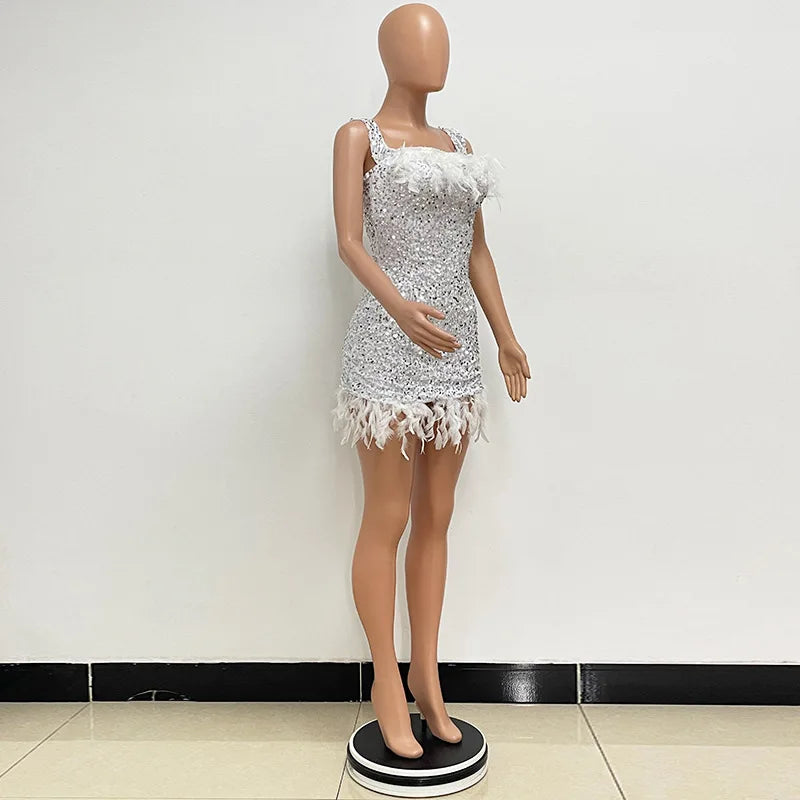 Damen Partykleid Ärmellos Glänzende Pailletten Feder Abendkleid Sexy schulterfrei rückenfrei Mini Formelle Ballkleider HXY8