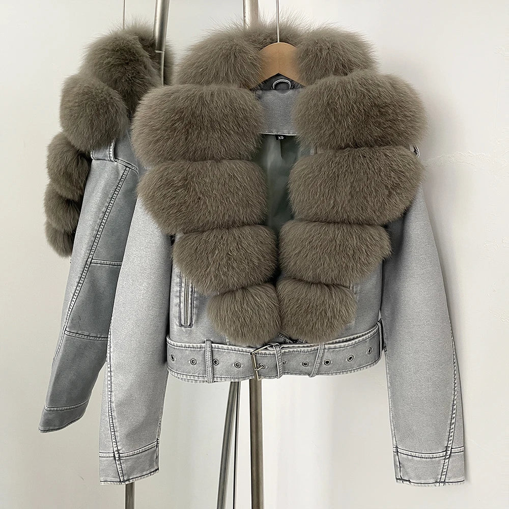 OFTBUY Natural Fox Fur Faux Leather Jacket Female New Autumn Short Top Clothing Women Long Sleeve Fake Leather Real Fur Coat