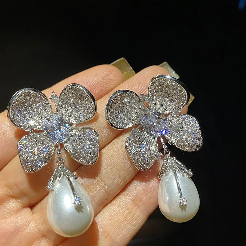 Zircon Pearl Temperament Flower Luxury Exquisite Earrings