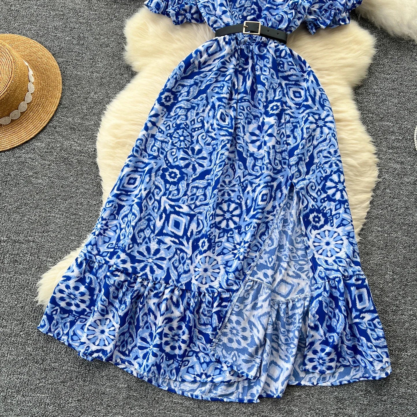 Sommer Plissiert Damen Knopfkleider Lässige Strandurlaub Kurzarm V-Ausschnitt Damen Midikleid Böhmische Mujer Vestidos