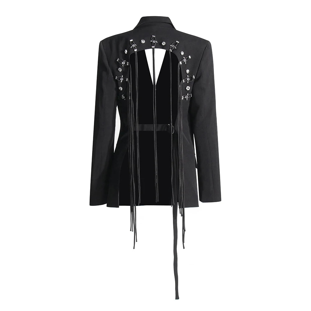 TWOTWINSTYLE Patchwork-Diamanten rückenfreier Blazer für Damen mit gekerbtem Kragen, langen Ärmeln, gespleißten Knöpfen, schickem Damen-Stil