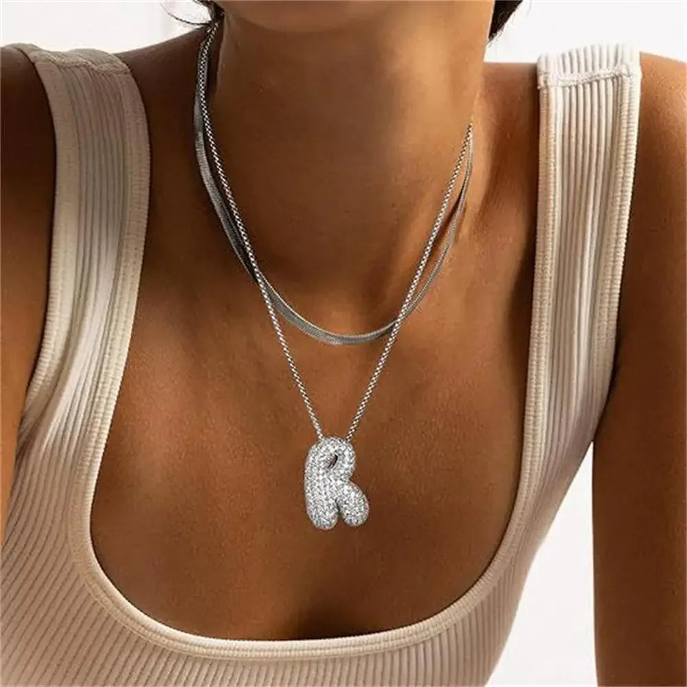18K Vergoldet Wasserdicht Dicke Blase Alphabet Buchstabe Schlüsselbein Halskette Funkelnder Strass Ballon Initialen Schmuck