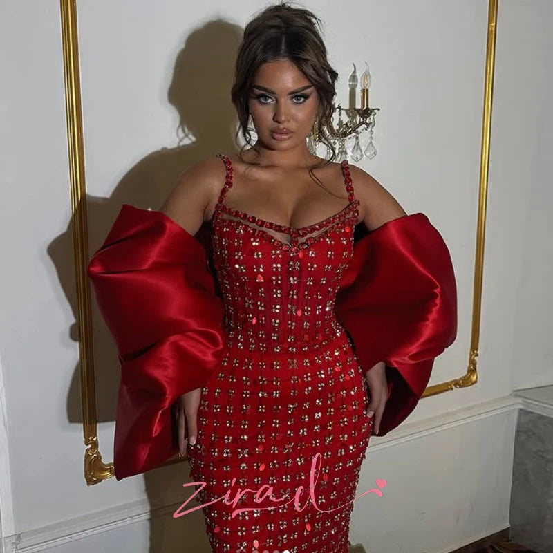 Zira Customized Red Mermaid Evening Dresses With Cape Elegant Beaded Diamonds Party Gowns Customized Engagement Prom Dress