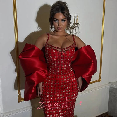 Zira Customized Red Mermaid Evening Dresses With Cape Elegant Beaded Diamonds Party Gowns Customized Engagement Prom Dress